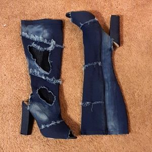 Womens Hot Tomato Distressed Denim Blue & Black w/exposed heel, Boots Size 9.5M